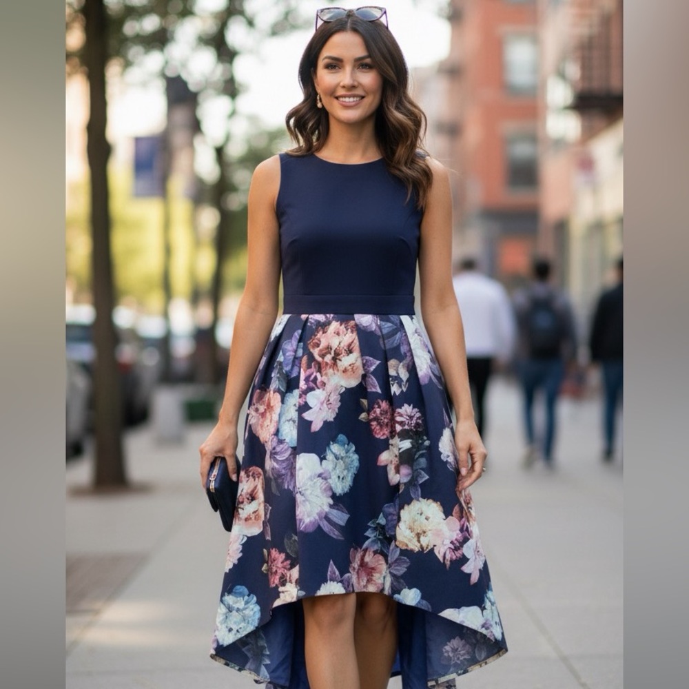 Made in USA X by Xscape Womens Petites Floral Hi-Low Evening Dress Navy 14P